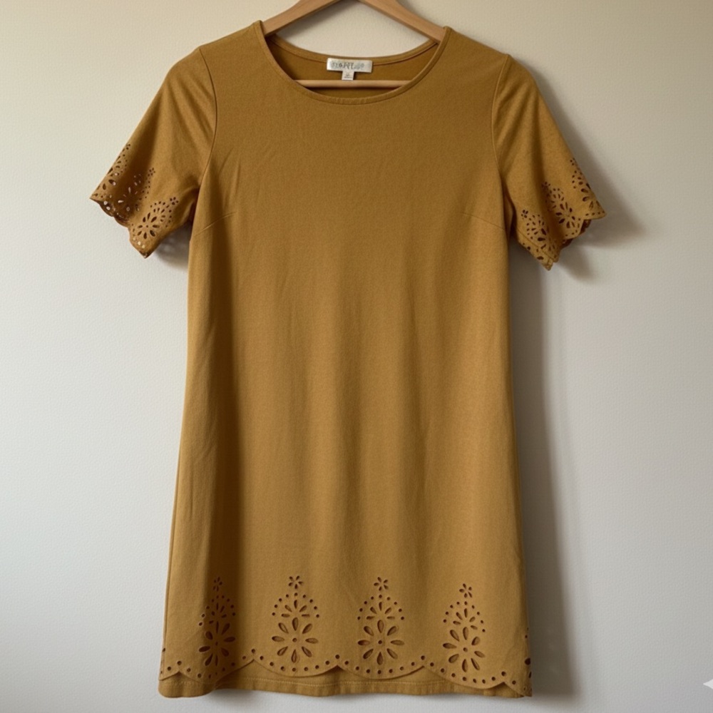Love, Fire Mustard Yellow / Tan Eyelet Laser-Cut Mini Dress S
